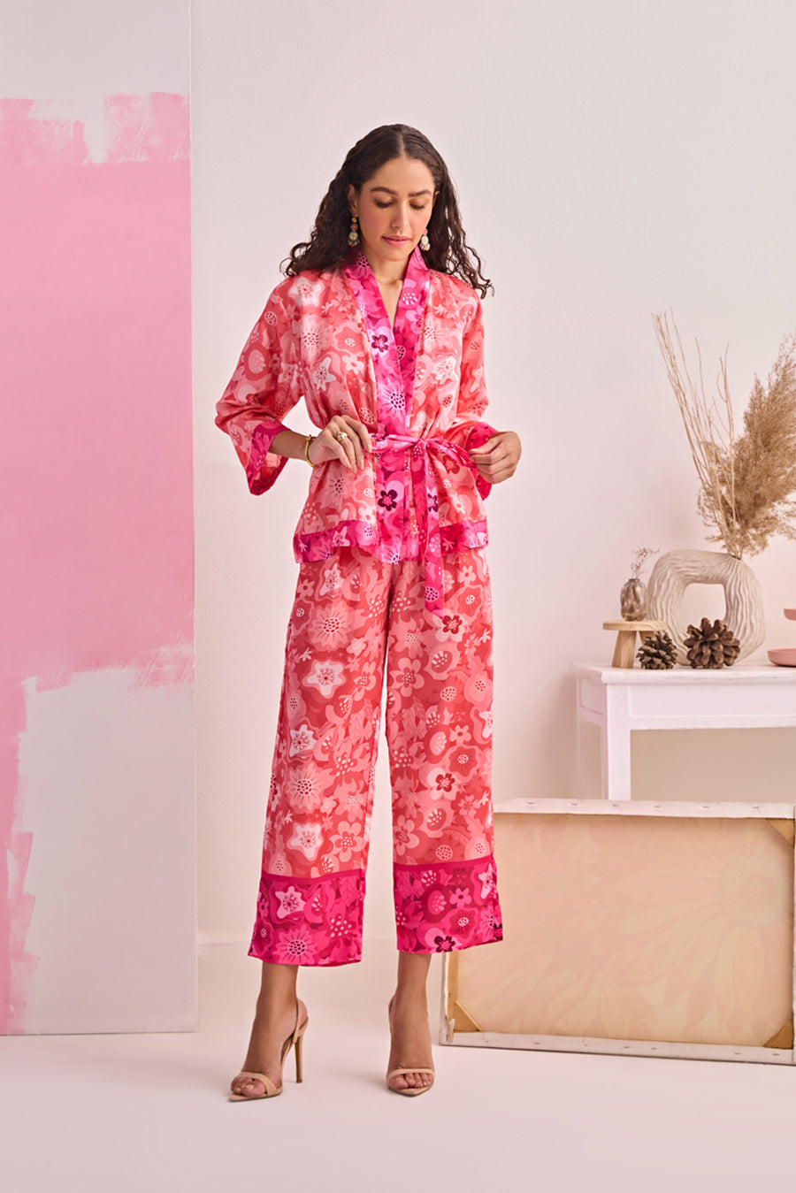 PINK BLOOM SATIN OVERLAY & PANTS SET