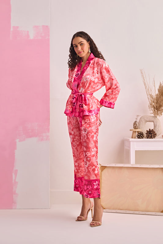 PINK BLOOM SATIN OVERLAY & PANTS SET