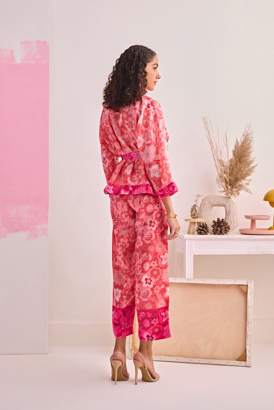 PINK BLOOM SATIN OVERLAY & PANTS SET