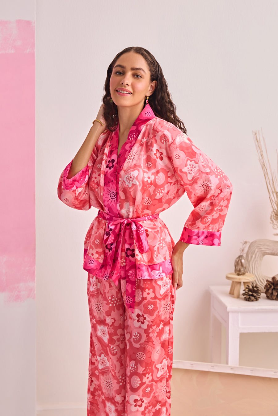 PINK BLOOM SATIN OVERLAY & PANTS SET