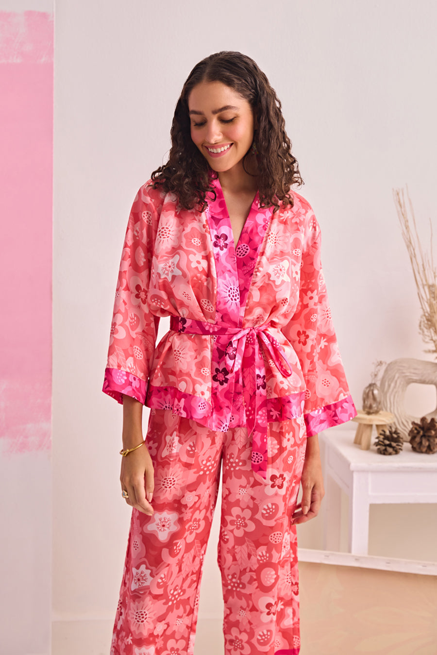 PINK BLOOM SATIN OVERLAY & PANTS SET