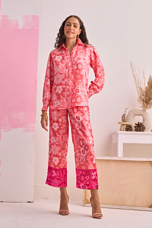 PINK BLOOM CLASSIC SATIN SHIRT & PANTS SET