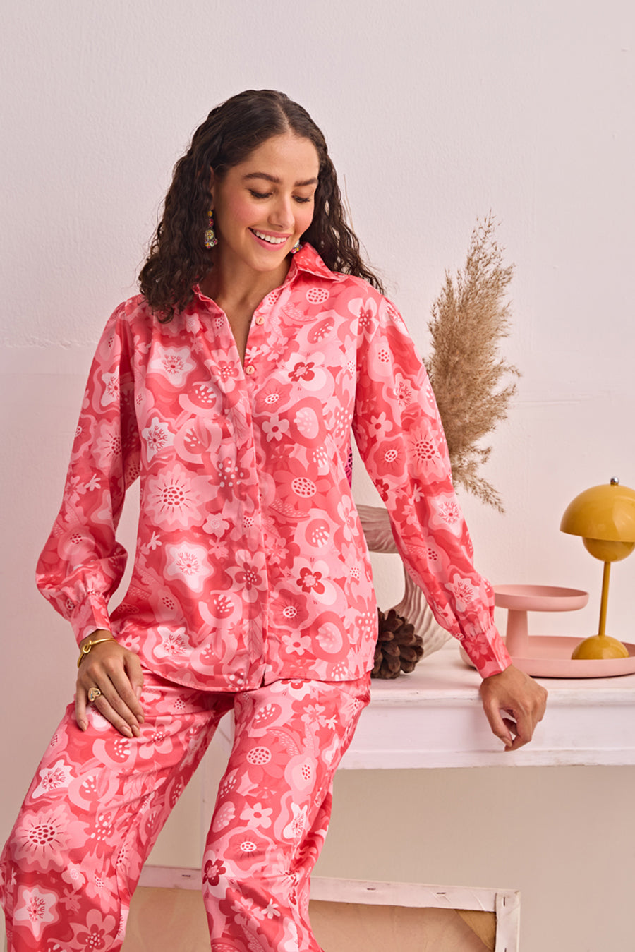 PINK BLOOM CLASSIC SATIN SHIRT & PANTS SET