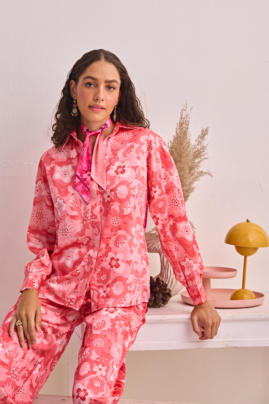 PINK BLOOM CLASSIC SATIN SHIRT & PANTS SET