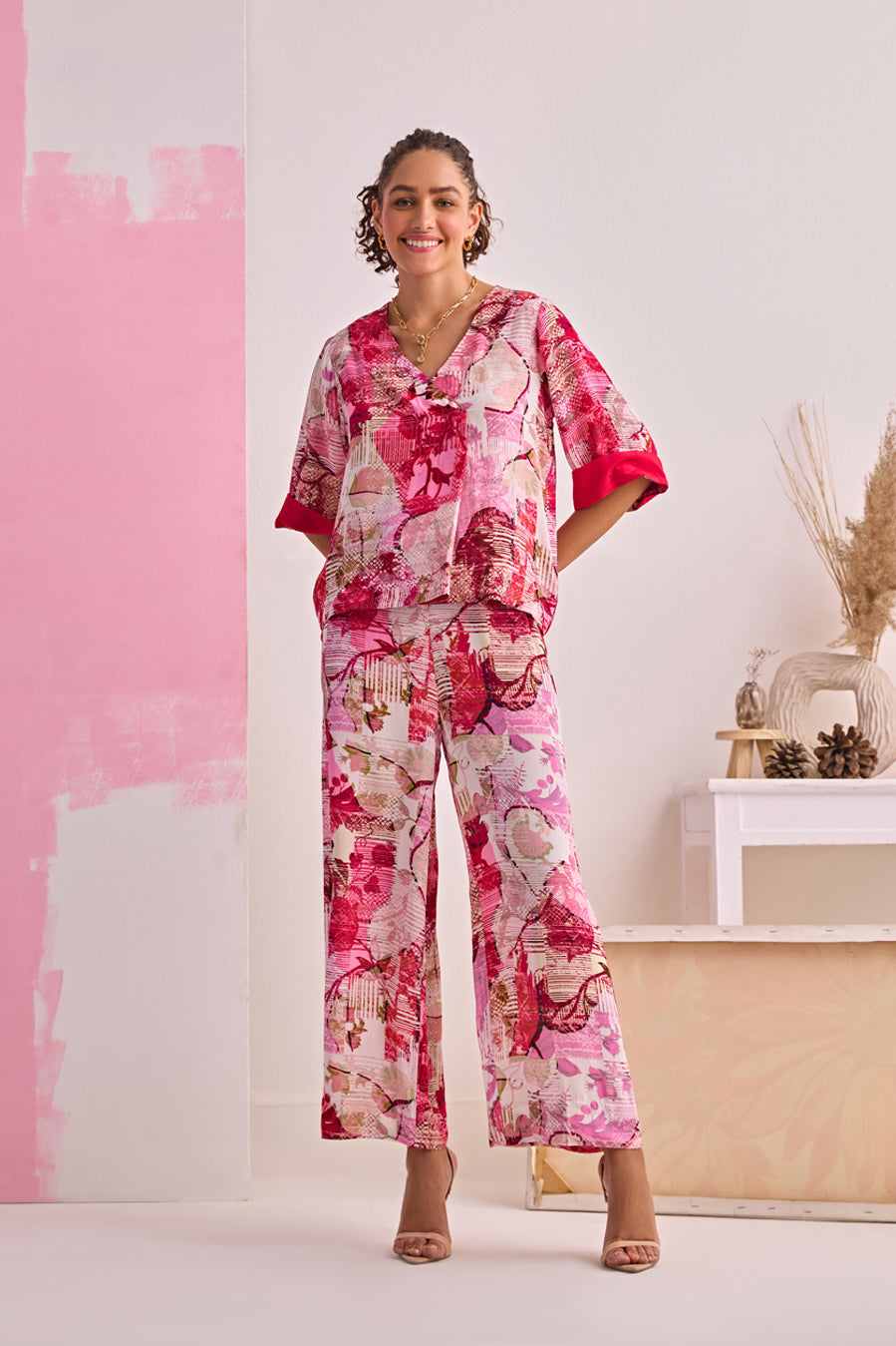 PINK AFTERNOON SILK TOP & PANTS SET